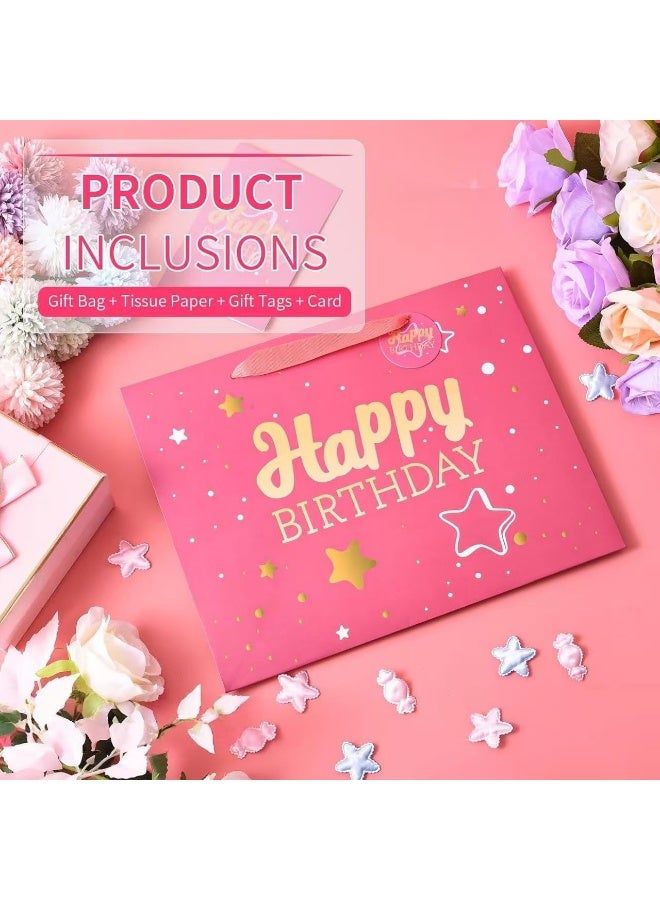 JOSQUEWNN Pink Happy Birthday Gift Bag with Tissue Paper and Greeting Card for Party,Happy Birthday Gift Bag for Men Women,Gift Bags Medium size(1 PCS 33*12*26cm Pink Hot Stamping) - Image 5